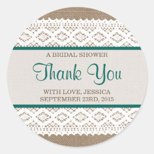 Rustic Burlap & Vintage White Lace Bridal Shower Classic Round Sticker