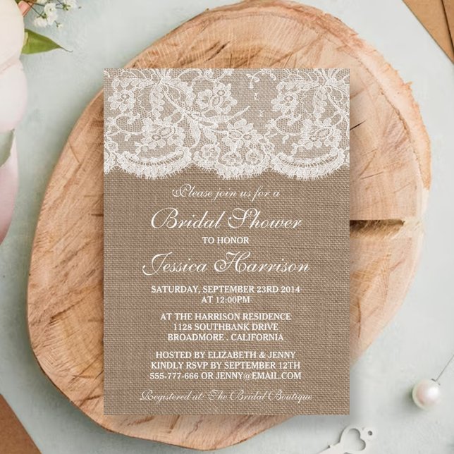 Rustic Burlap & Vintage White Lace Bridal Shower Invitation (Creator Uploaded)
