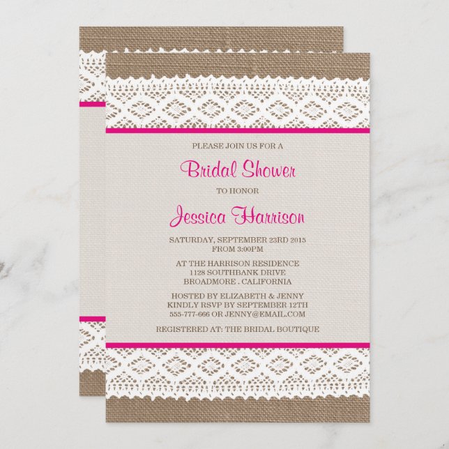Rustic Burlap & Vintage White Lace Bridal Shower Invitation (Front/Back)