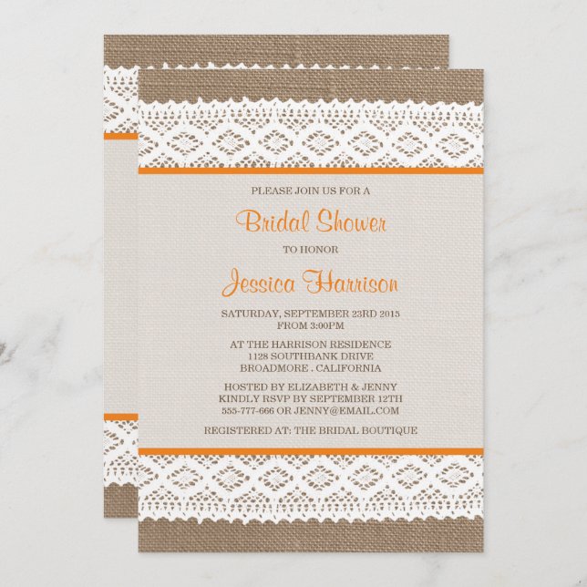 Rustic Burlap & Vintage White Lace Bridal Shower Invitation (Front/Back)
