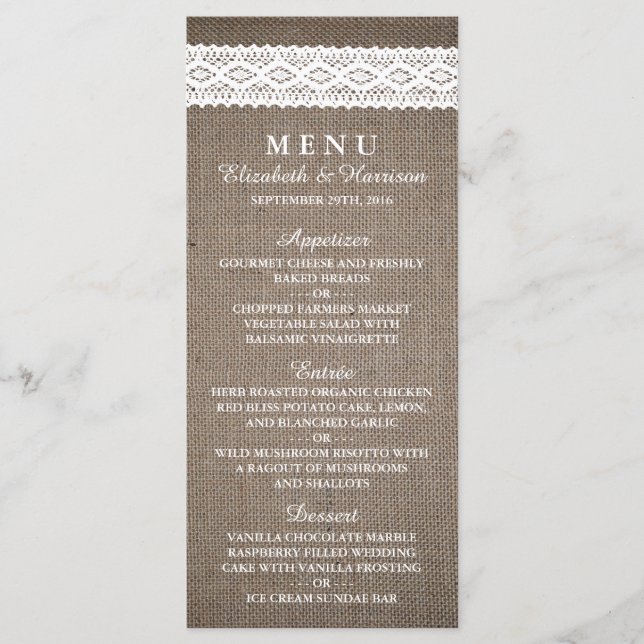 Rustic Burlap & Vintage White Lace Wedding Menu (Front)