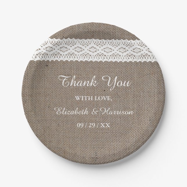 Rustic Burlap & Vintage White Lace Wedding Paper Plate (Front)