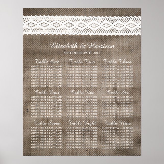 Rustic Burlap & Vintage White Lace Wedding Poster (Front)