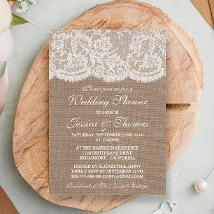 Rustic Burlap & Vintage White Lace Wedding Shower Invitation