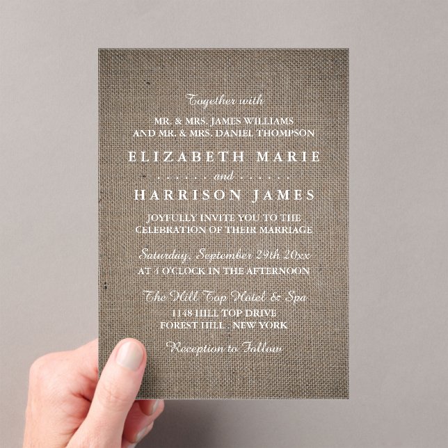 Rustic Burlap Wedding Acrylic Invitations (Insitu (Handheld))