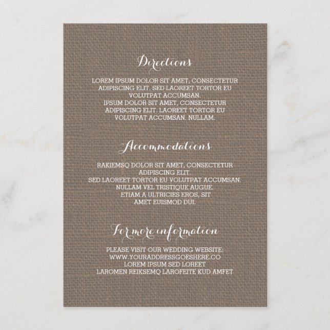 Rustic Burlap Wedding Details- Information Enclosure Card (Front)