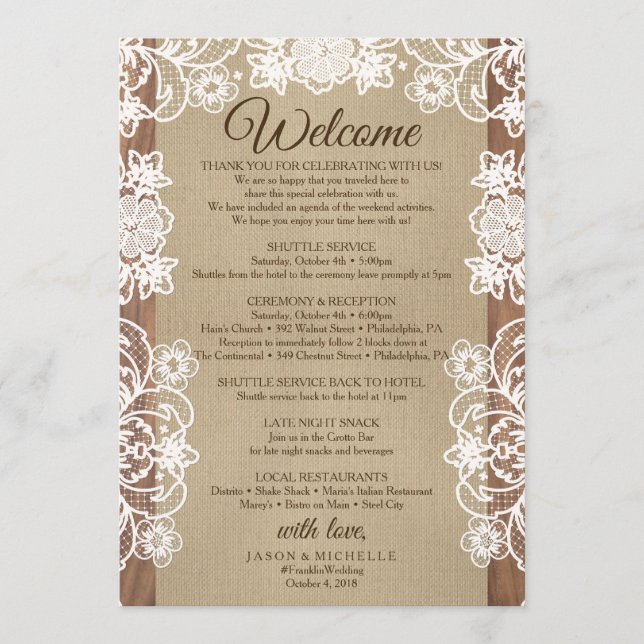 Rustic Burlap Wedding Itinerary - Wedding Welcome Program (Front)