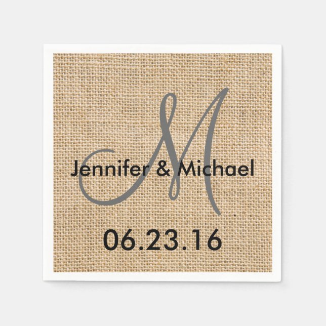 Rustic Burlap Wedding Monogram Names Date Napkin (Front)