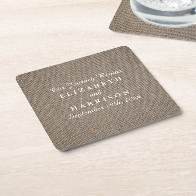 Rustic Burlap Wedding Square Paper Coaster (Angled)