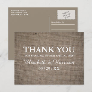 Rustic Burlap Wedding Thank You Postcard