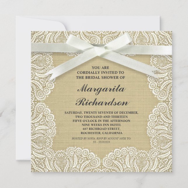 rustic burlap white lace & bow bridalshower invite (Front)