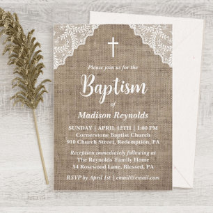 Rustic Burlap & White Lace Cross Baptism Invitation