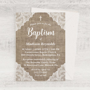 Rustic Burlap & White Lace Cross Baptism Invitation