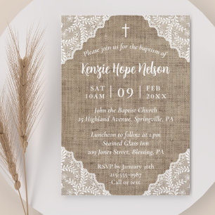 Rustic Burlap & White Lace Cross Baptism Invitation