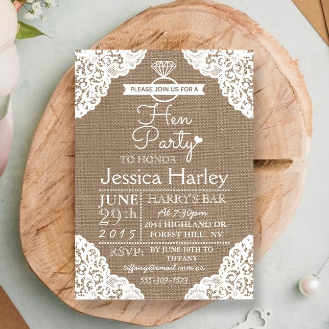 Rustic Burlap & White Lace Hen Party Invitation (Creator Uploaded)