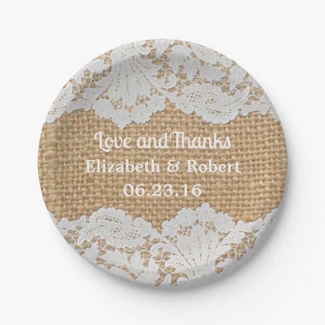 Rustic Burlap & White Lace Wedding Paper Plates (Front)