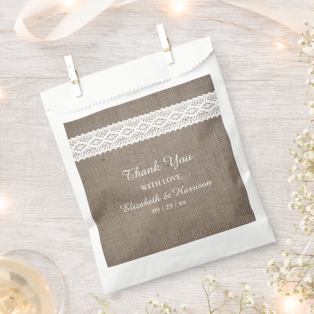 Rustic Burlap & White Lace Wedding Thank You Favour Bag (Clipped)