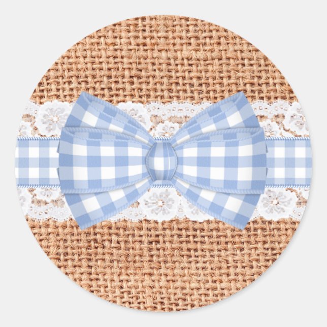 Rustic Burlap with Blue Gingham Wedding Classic Round Sticker (Front)