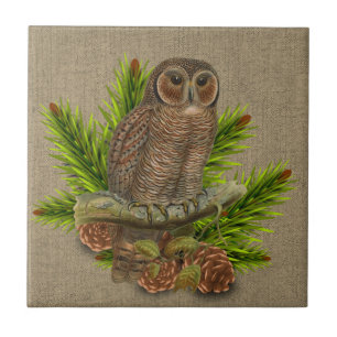 Rustic Burlap with Owl and Pine Tree Branch  Ceramic Tile