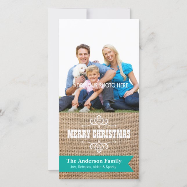 Rustic Burlap with Teal Banner Photo Christmas Holiday Card (Front)