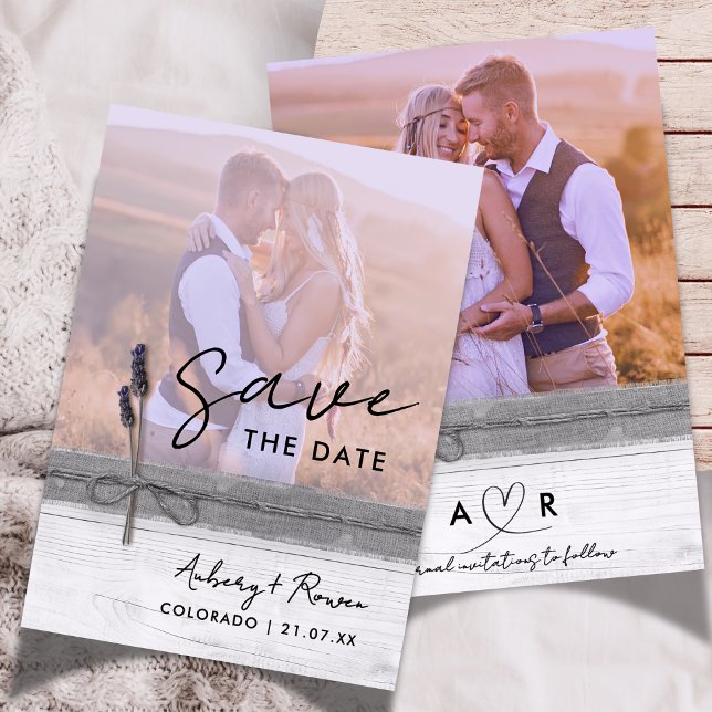 Rustic Burlap Wood Lavender Wildflower Boho Photo Save The Date (Creator Uploaded)