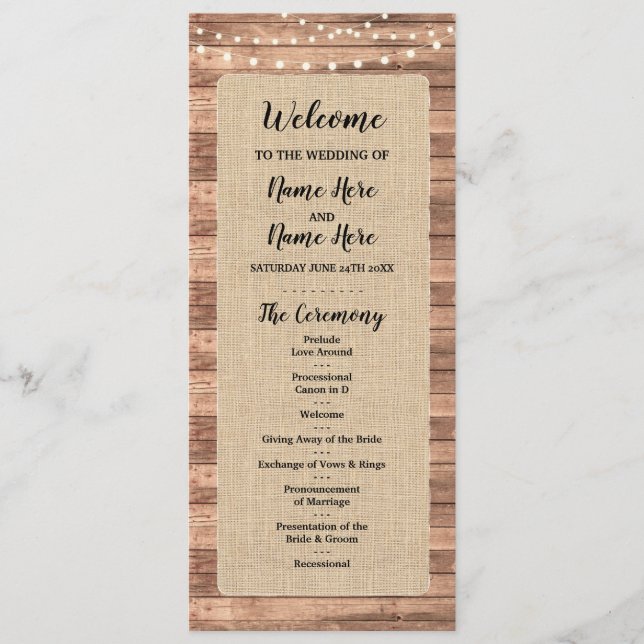 Rustic Burlap Wood Lights Wedding Program (Front)