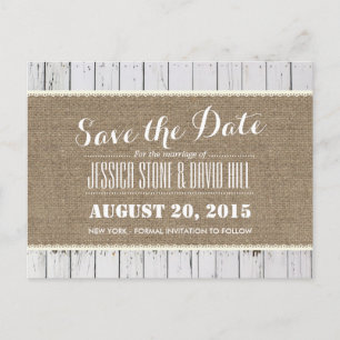 Rustic Burlap & Wood Stripes Wedding Save the Date Announcement Postcard