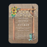 Rustic Burlap Wood Sunflower Wedding Invite Magnet<br><div class="desc">Budget Rustic Burlap Wood Sunflower Wedding Invitation Magnet - This is the perfect invitation for the bride and groom who love a rustic theme. Our wedding invitation magnet features a rustic wood arch adorned with vibrant sunflowers and twinkling sunflowers on a distressed burlap background. A pair of cowboy boots finishes...</div>