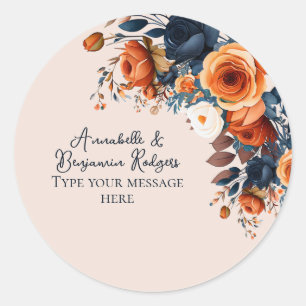 Rustic Burnt Orange and Blue Floral Wedding Classic Round Sticker