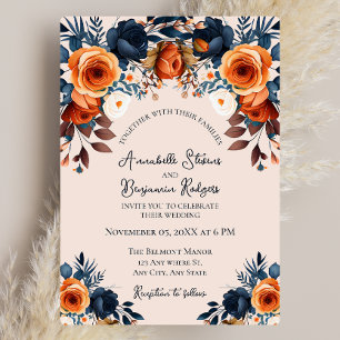 Rustic Burnt Orange and Blue Floral Wedding  Invitation