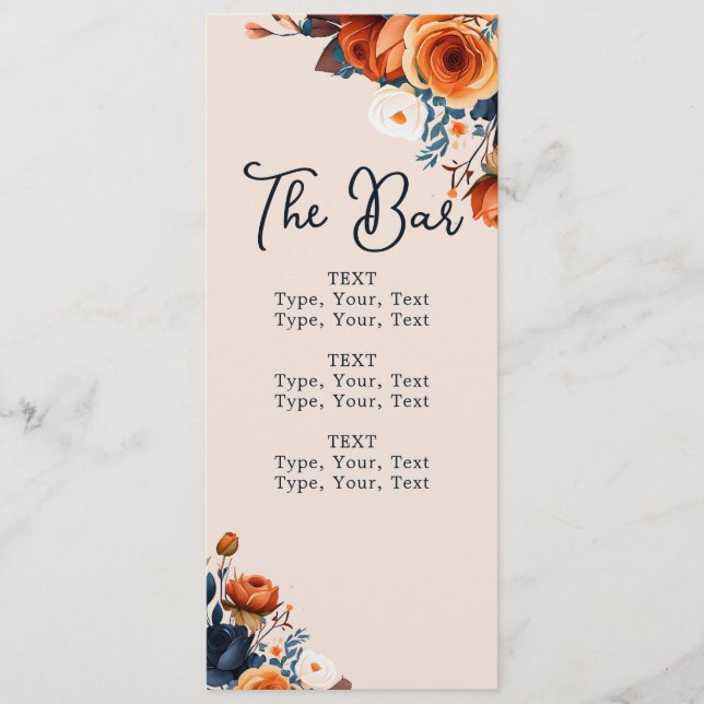 Rustic Burnt Orange and Blue Wedding Bar Menu  (Front)