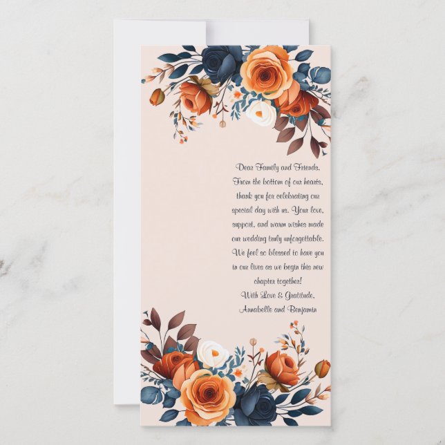 Rustic Burnt Orange and Blue Wedding Bookmark  Thank You Card (Front)