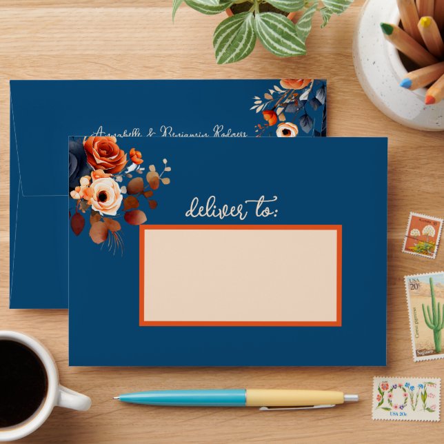 Rustic Burnt Orange and Blue Wedding Envelope (Desk)
