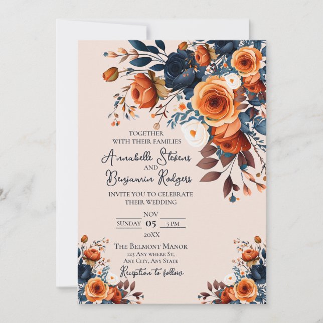 Rustic Burnt Orange and Blue Wedding Invitation (Front)