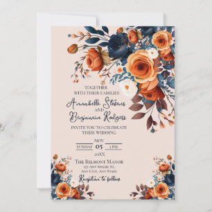 Rustic Burnt Orange and Blue Wedding Invitation