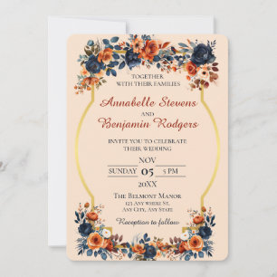 Rustic Burnt Orange and Blue Wedding Invitation