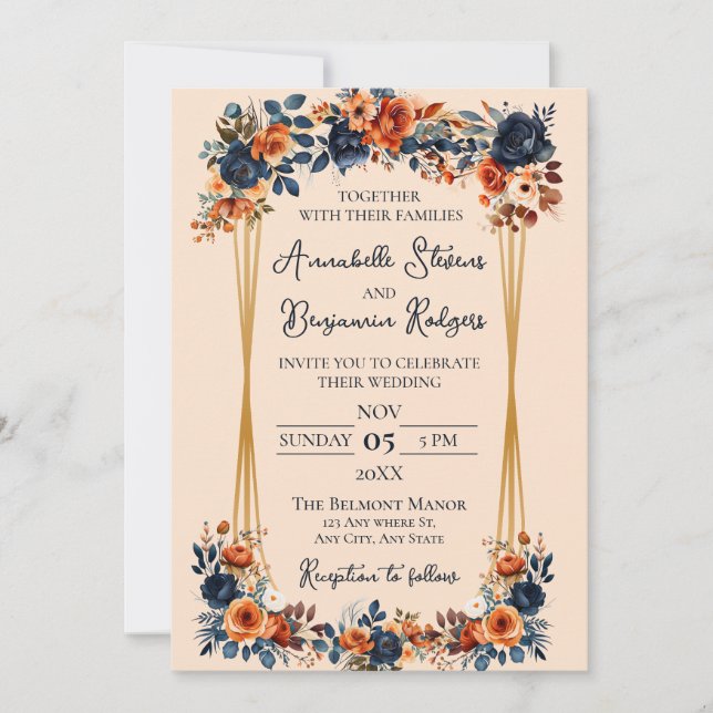 Rustic Burnt Orange and Blue Wedding Invitation (Front)