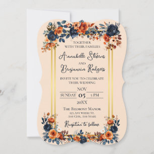 Rustic Burnt Orange and Blue Wedding Invitation