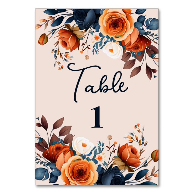 Rustic Burnt Orange and Blue Wedding Reception Table Number (Front)