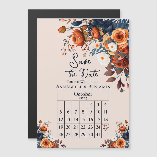 Rustic Burnt Orange and Blue Wedding Save the Date Magnetic Invitation (Front/Back)