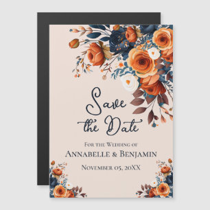 Rustic Burnt Orange and Blue Wedding Save the Date Magnetic Invitation