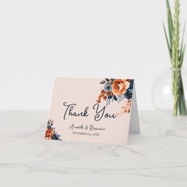 Rustic Burnt Orange and Blue Wedding Thank You Card (Front)