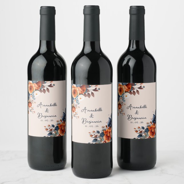 Rustic Burnt Orange and Blue Wedding  Wine Label (Bottles)
