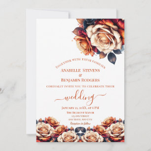 Rustic Burnt Orange and Navy Blue Wedding Invitation