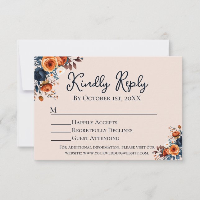 Rustic Burnt Orange + Blue Wedding RSVP (Front)