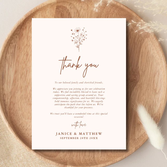 Rustic Burnt Orange Boho Botanicals Fall Wedding Thank You Card (Creator Uploaded)