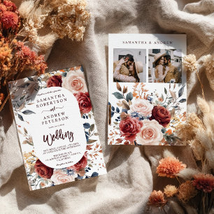 Rustic Burnt Orange Boho Floral Photo Wedding Invitation