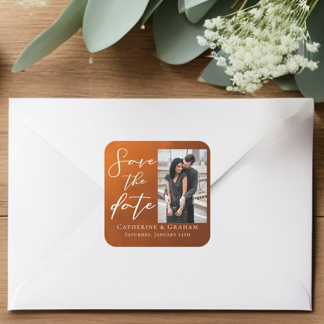 Rustic Burnt Orange Couple Photo Save the Date Square Sticker (Creator Uploaded)