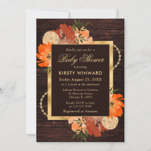 Rustic Burnt Orange Fall Flowers Baby Shower Invitation