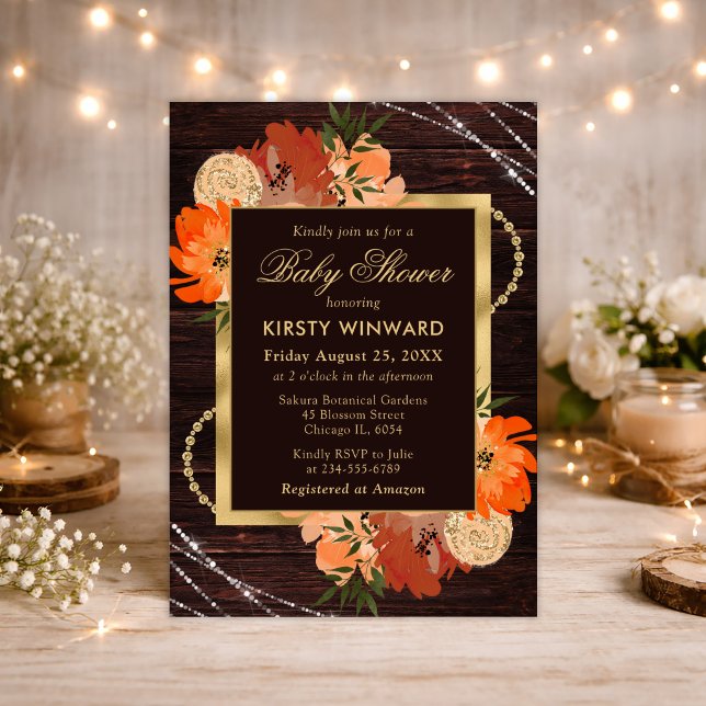 Rustic Burnt Orange Fall Flowers Baby Shower Invitation (Creator Uploaded)